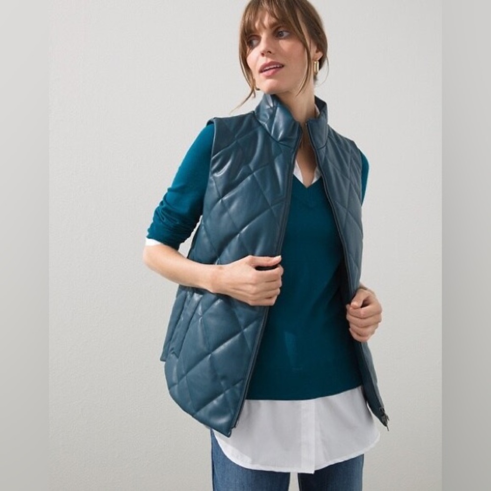 NWT Chico’s Quilted Faux Leather Teal Vest Size M Modern Edge Effortless Chic